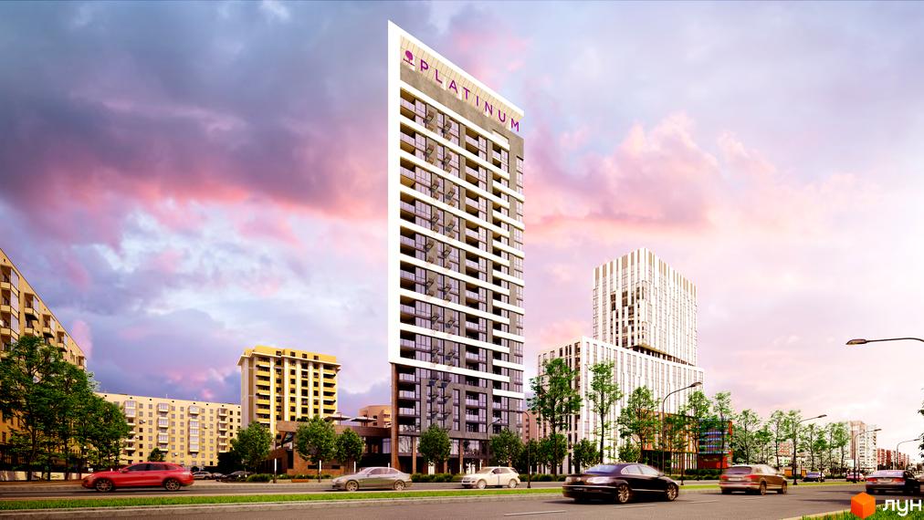 Житловий комплекс Щасливий Platinum – це сучасна висотна будівля з панорамними вікнами та балконами, розташована біля дороги з автомобілями та деревами.