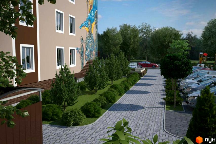 Зовнішній вигляд новобудови ЖК Петрівський SMART з фасадом, прикрашеним муралом, та доглянутою прибудинковою територією з парковкою та зеленими насадженнями.