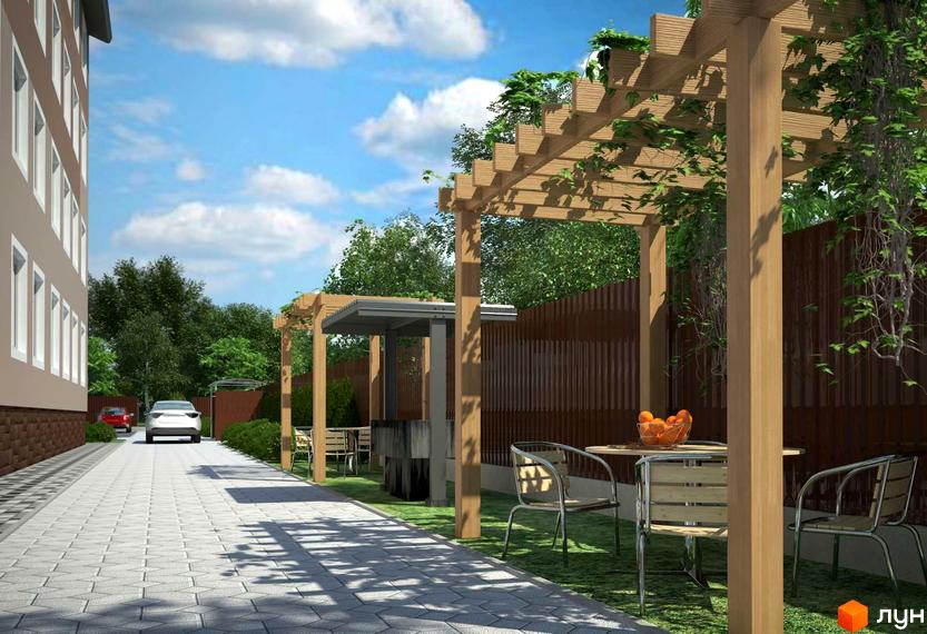 Зовнішній вигляд будинку та прибудинкової території житлового комплексу Петрівський SMART з альтанками та зонами відпочинку.