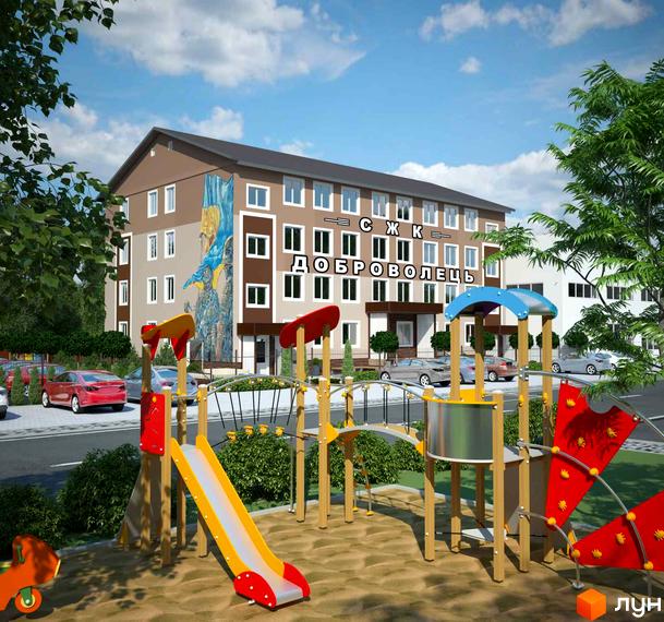 Новобудова ЖК Петрівський SMART з дитячим майданчиком та зеленими насадженнями. Фасад будинку оздоблений муралом.