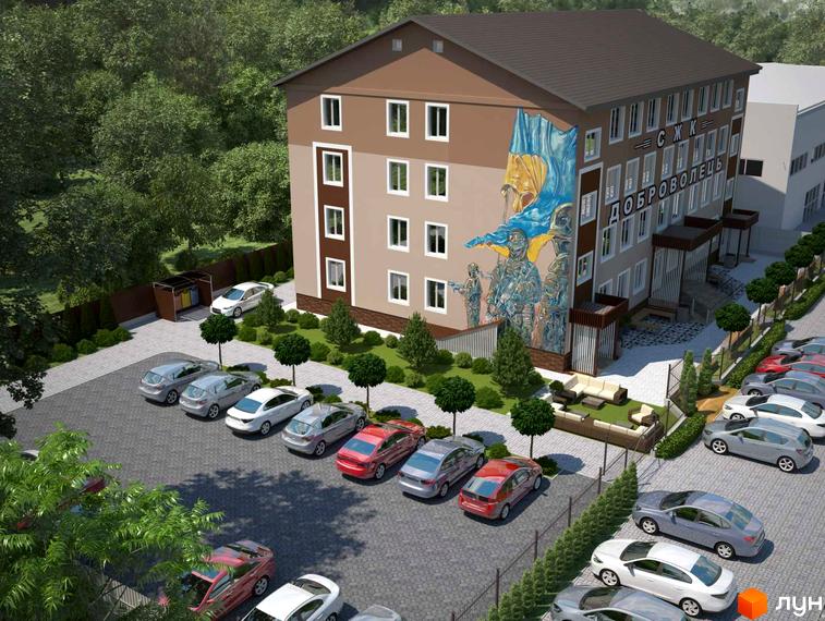 Зовнішній вигляд будинку ЖК Петрівський SMART з муралом та парковкою. Навколо будинку розташована прибудинкова територія з деревами та зонами відпочинку.