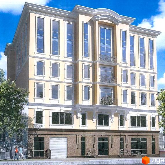 Апарт-комплекс Атлант: фасад багатоповерхового будинку з великими вікнами та балконами, на тлі блакитного неба та зелені.