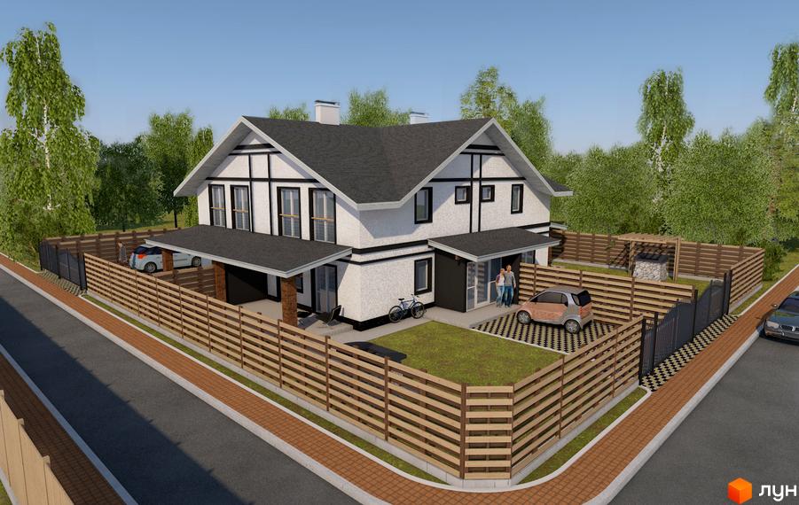 Зображення двоповерхового будинку з сірим дахом та дерев'яним парканом. На подвір'ї є газон, автомобілі та пішохідна зона.