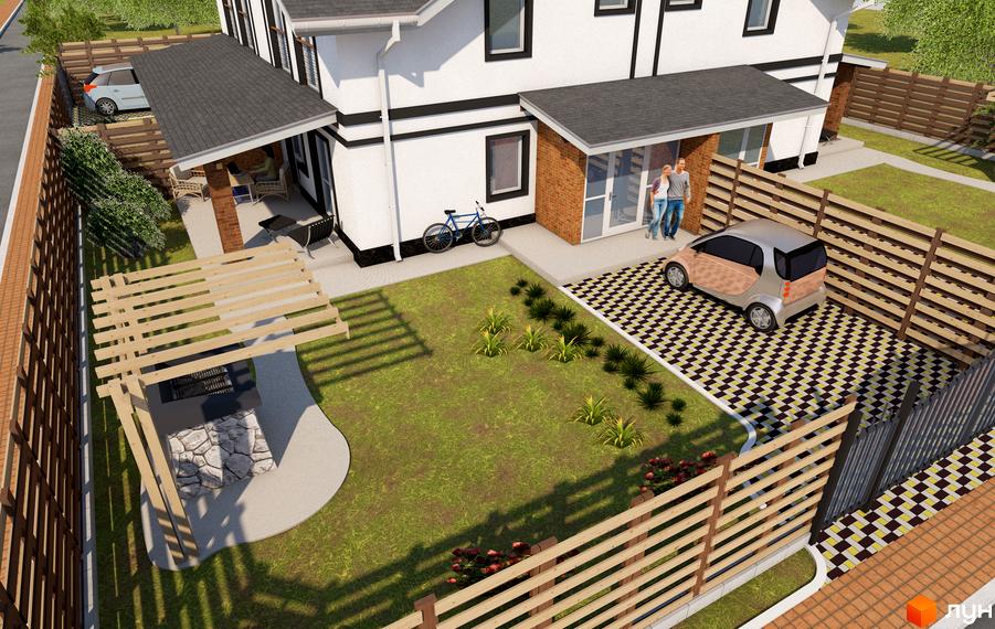 Зображення житлового будинку з білими стінами та темним дахом. На прибудинковій території газон, парковка з візерунком та зона відпочинку з альтанкою.