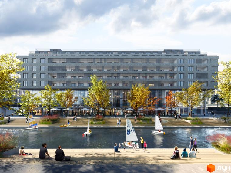 Житловий район Rybalsky: багатоповерхова будівля з темним фасадом та скляними вітринами на першому поверсі. Поруч набережна з деревами та човнами.