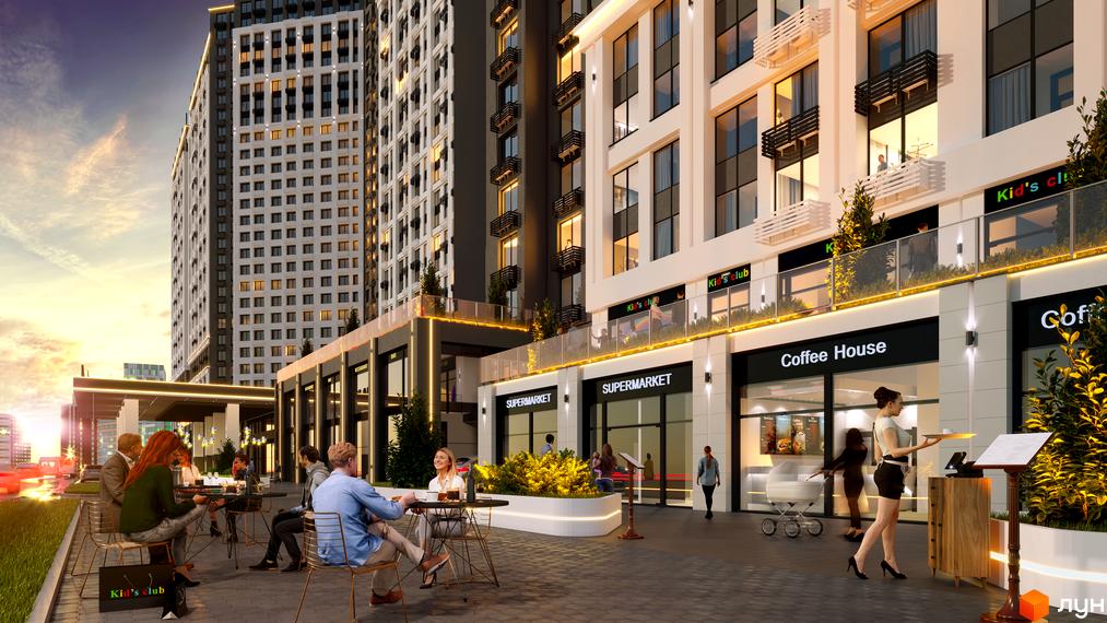 Багатоповерхові житлові будинки POLARIS Home&Plaza з численними вікнами та балконами. На першому поверсі розташовані комерційні заклади та відкрита зона відпочинку.