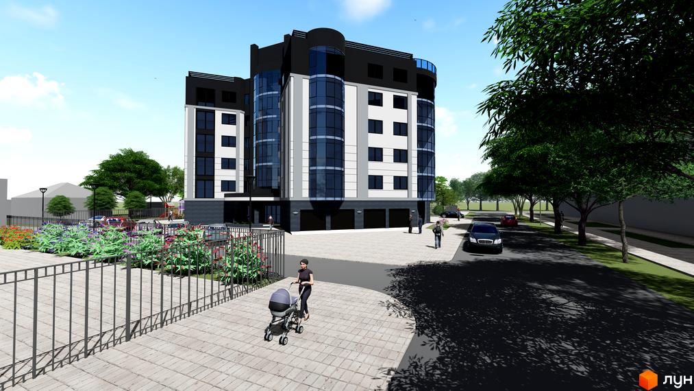 Зображення фасаду будинку на вулиці Коперника, 83. На передньому плані пішохідна зона з бруківки та зелені насадження.