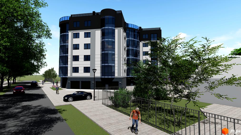 Багатоповерховий будинок з панорамними вікнами та темним дахом. На території є зелені насадження, тротуар та парковка.