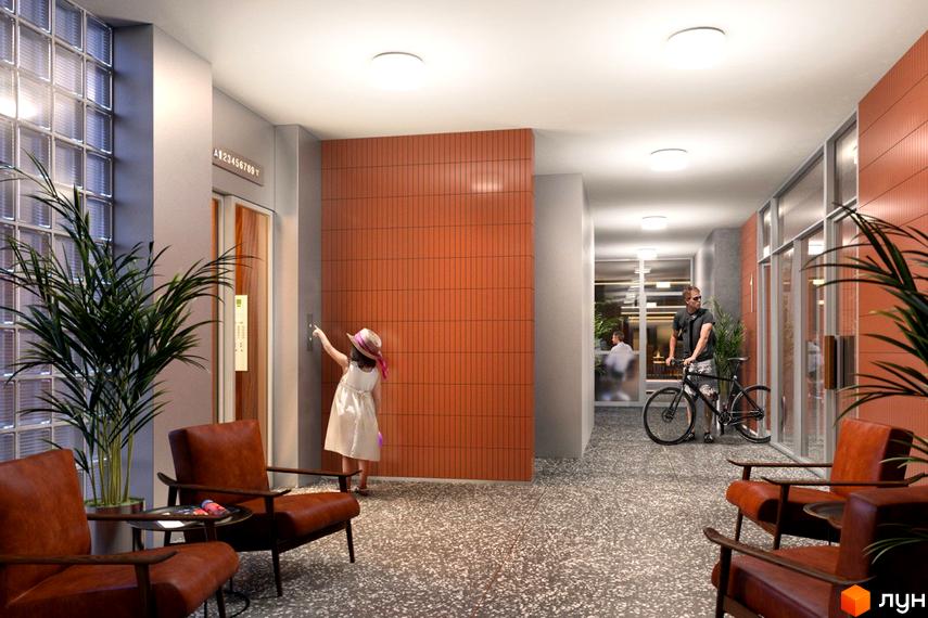 Просторий хол Житлового комплексу 044 з елементами тераццо та помаранчевої плитки. Дівчинка біля ліфта, чоловік з велосипедом у коридорі.