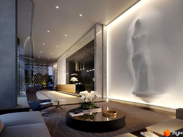 Лобі житлового комплексу Signature з дизайнерським кріслом, кавовим столиком та футуристичною інсталяцією на стіні. Сучасний дизайн інтер'єру.