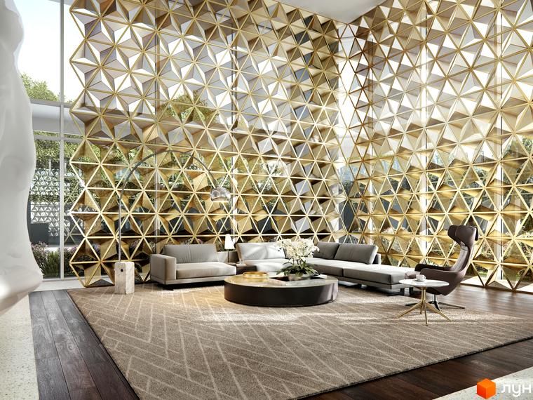 Інтер'єр вітальні в ЖК Signature з дизайнерським трикутним екраном та меблями. Розкішний житловий комплекс з великими вікнами та видом на зелень.