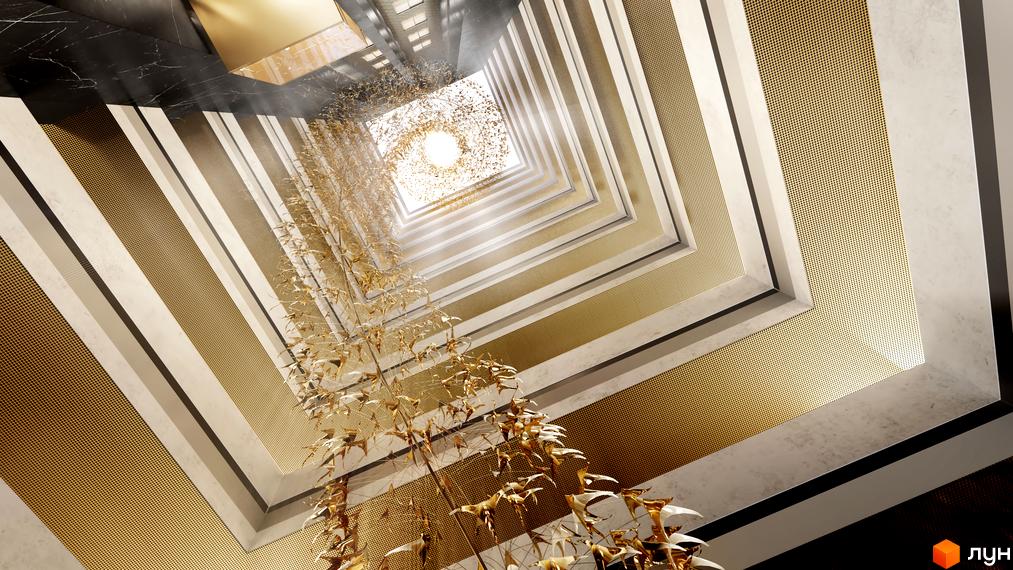 Житловий комплекс Signature: вражаючий внутрішній простір з золотими елементами та люстрою у вигляді птахів. Дизайн інтер'єру новобудови з акцентом на розкіш та елегантність.