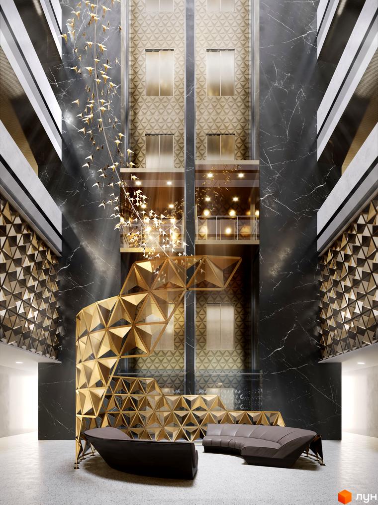 Інтер'єр атриуму новобудови ЖК Signature з мармуровими стінами, геометричним декором та дизайнерськими меблями. Сучасний дизайн простору з акцентом на розкіш та елегантність.