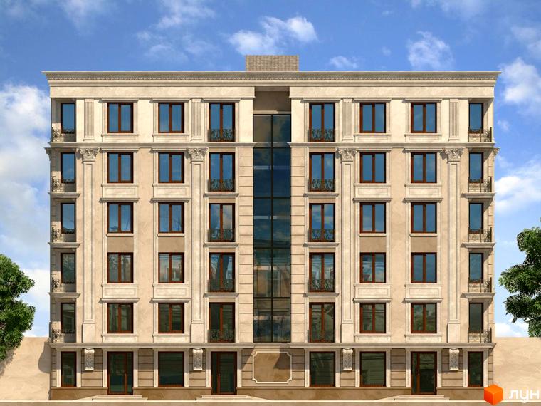 Фасад житлового комплексу Будинок на Маланова з симетричними вікнами та балконами. Зовнішній вигляд будівлі виконаний у класичному стилі з колонами та декоративними елементами.