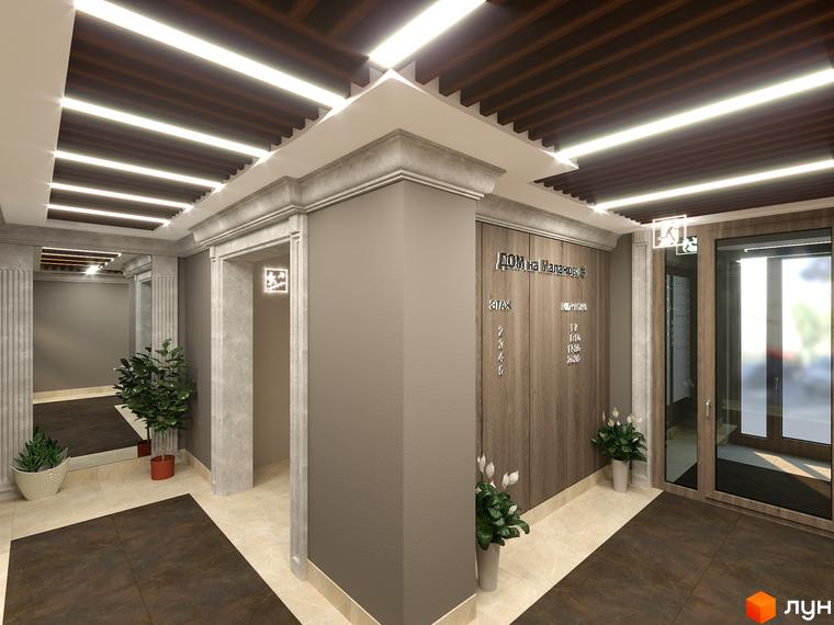 Інтер'єр холу житлового комплексу Будинок на Маланова з ліфтами та рослинами. Опис новобудови для просування сайту.