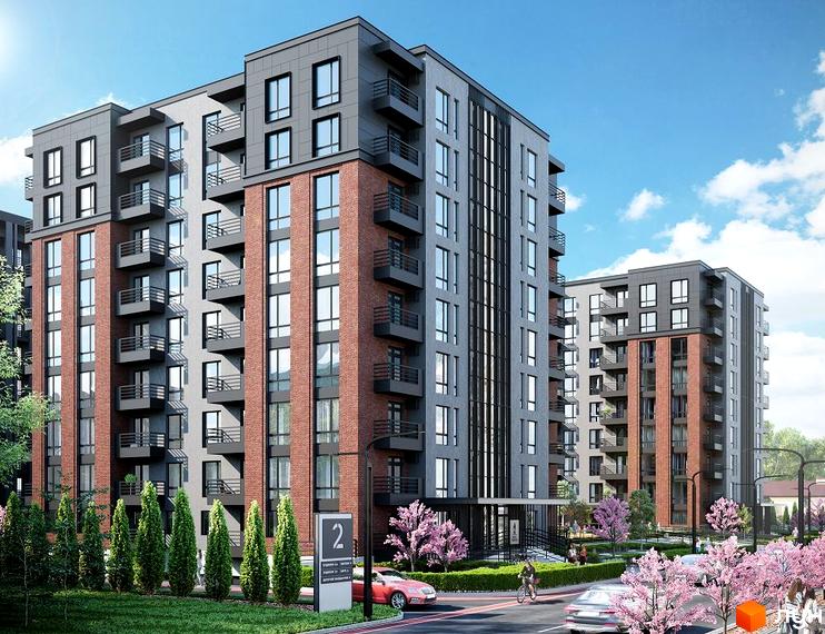 Зовнішній вигляд житлового комплексу West Towers з цегляним фасадом та балконами. На прибудинковій території висаджені дерева та квітучі кущі.