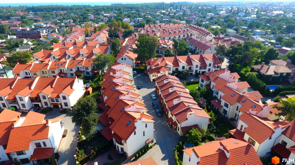 Вигляд з висоти на Котеджне містечко Біла Квітка з будинками з червоними дахами. Навколо зелені насадження та дерева.