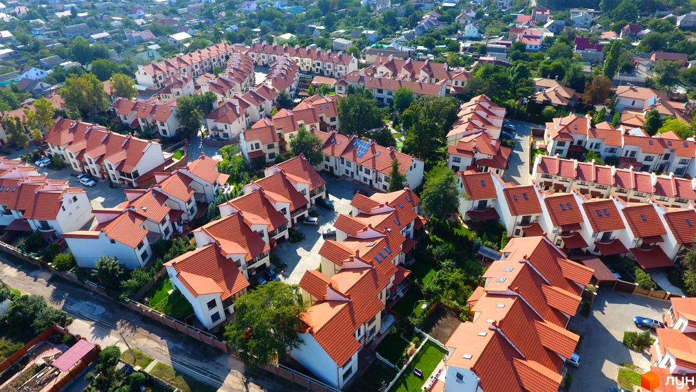 Зображення Котеджного містечка Біла Квітка з висоти пташиного польоту. Видно будинки з червоними дахами та зелені насадження навколо.