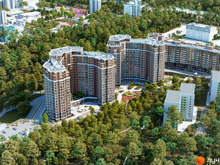 Житловий комплекс Echo Park 2 - це багатоповерхові будинки з коричневим фасадом та білими елементами, розташовані серед зелених дерев. На території комплексу є дитячий майданчик та зони відпочинку.