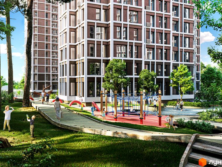 Житловий комплекс Echo Park 2 з дитячим майданчиком та зеленим двором. Сучасна архітектура будівель з великою кількістю вікон.