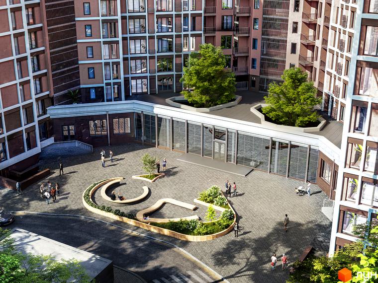 Житловий комплекс Echo Park 2 з внутрішнім двориком та зонами відпочинку. Зовнішній вигляд будівель та облаштована прибудинкова територія.