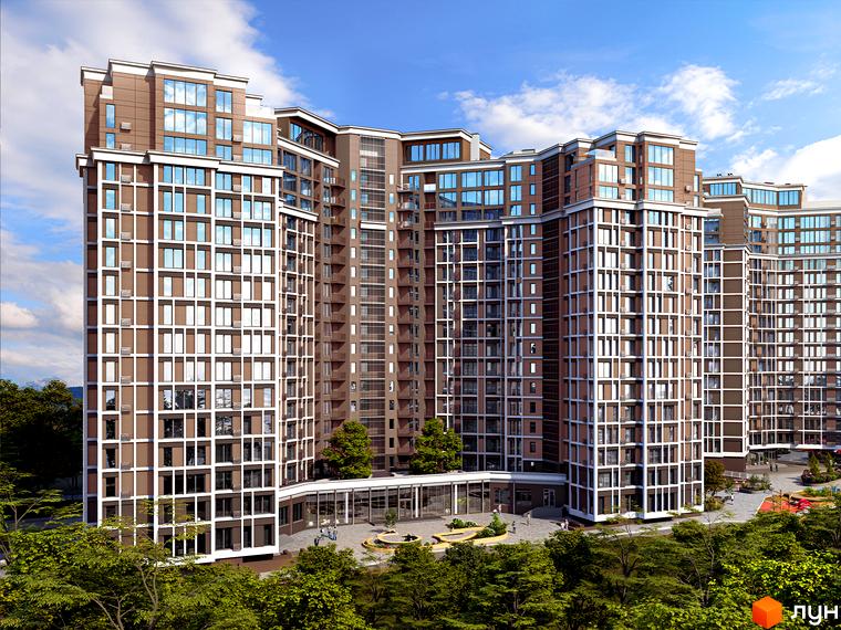 Зовнішній вигляд багатоквартирного будинку ЖК Echo Park 2 з коричневими фасадами та великою кількістю вікон. Прибудинкова територія з зеленими насадженнями та місцями для відпочинку.