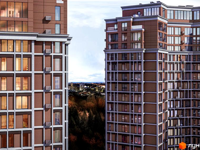 Фасад житлового комплексу Echo Park 2 з коричневими панелями та великою кількістю вікон. Навколо видно дерева та міський пейзаж.