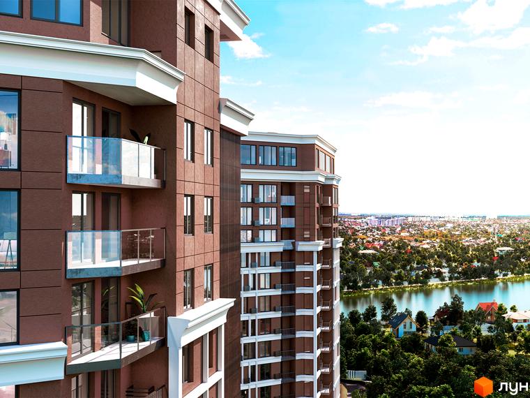 Зовнішній вигляд будинку ЖК Echo Park 2 з балконами та вікнами, що виходять на озеро та зелене місто. Новобудова розташована біля водойми та парку.