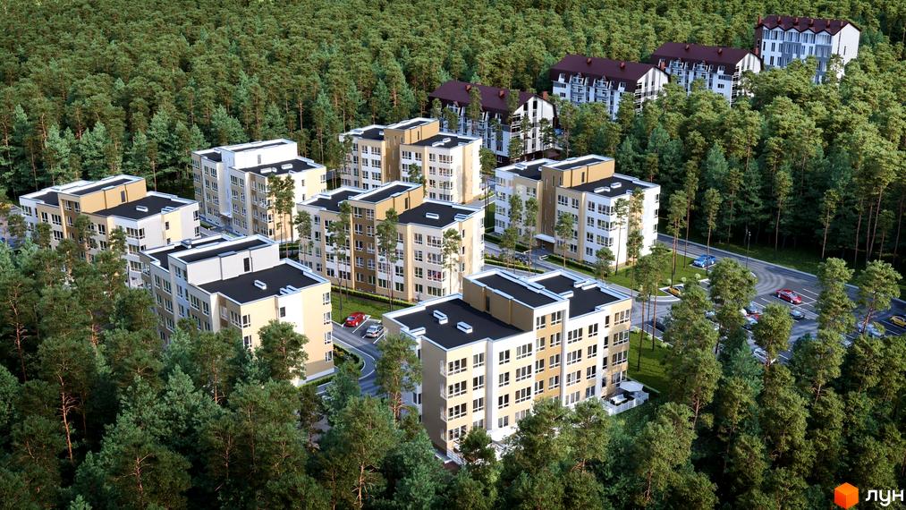 Житловий комплекс Ідея: будинки світлих відтінків з темними дахами, розташовані серед густого лісу з парковками та дорогами.