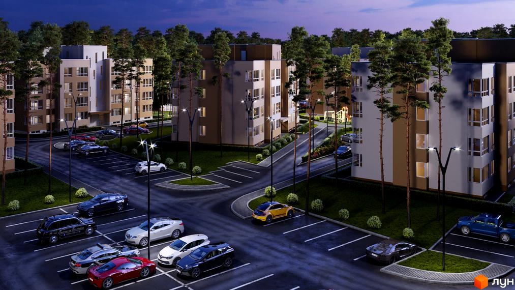 Житловий комплекс Ідея: багатоквартирні будинки світлих відтінків з великими вікнами, оточені зеленими насадженнями, парковками та освітленими дорогами.