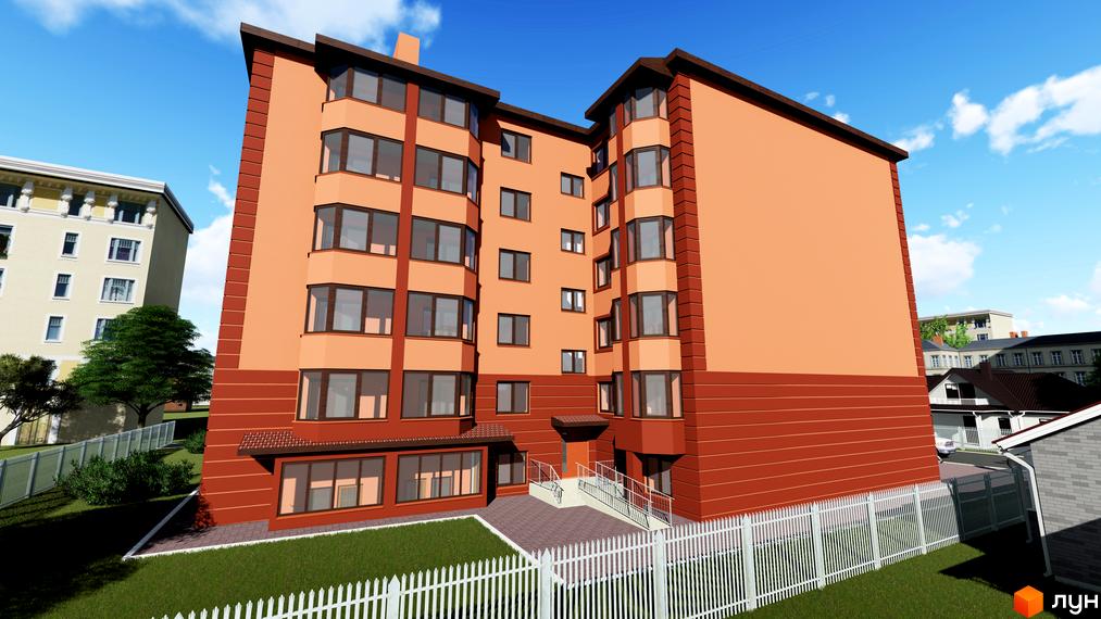 Зовнішній вигляд новобудови Волошковий з оранжево-коричневим фасадом та численними вікнами. Навколо будинку зелений газон та білий паркан.