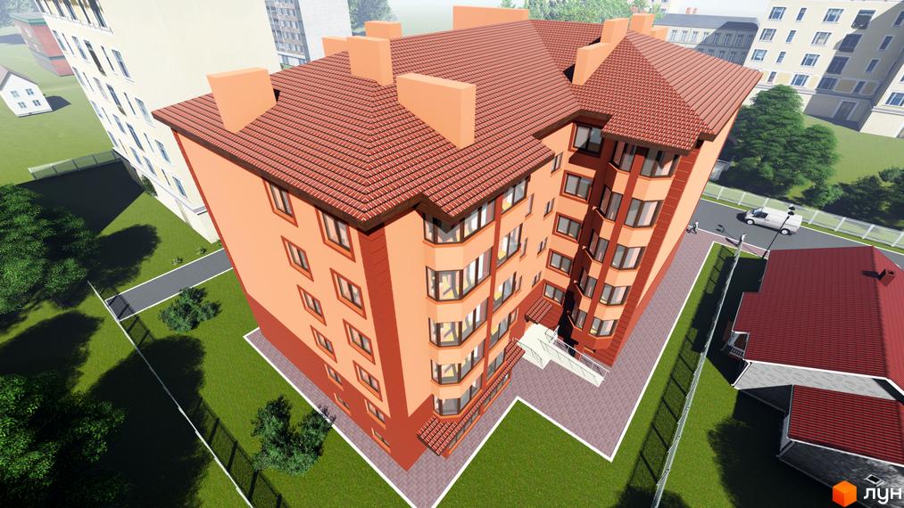 Зовнішній вигляд багатоповерхового будинку з помаранчевим фасадом та червоним черепичним дахом. Навколо будинку зелена територія з деревами та парканом.
