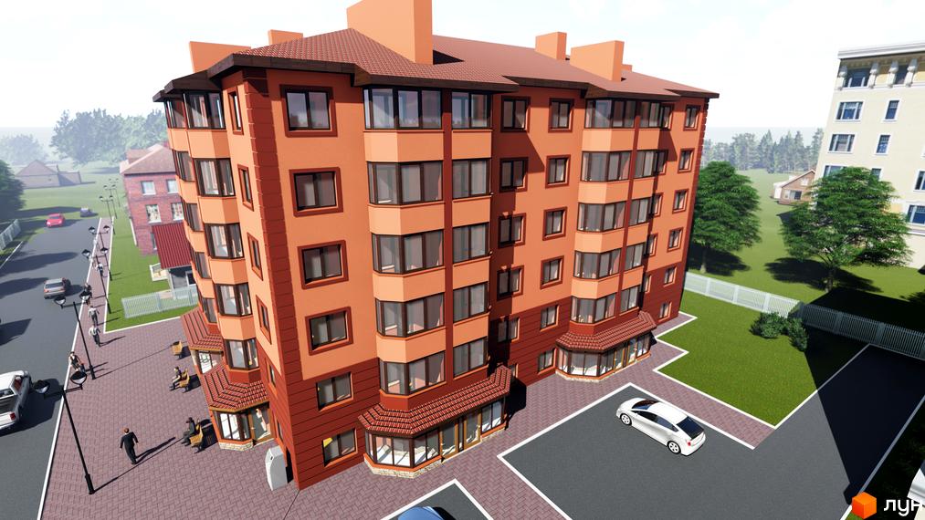 Волошковий житловий комплекс з оранжевим фасадом та коричневим дахом. На прибудинковій території розташовані зелені насадження та паркувальні місця.