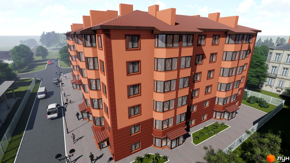 Зовнішній вигляд цегляного житлового комплексу Волошковий з балконами та вікнами. Навколо будинку розташована прибудинкова територія з дорогою та деревами.