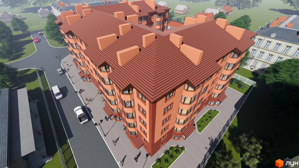 Зовнішній вигляд житлового комплексу Волошковий з червоним черепичним дахом та оранжевими стінами. Навколо будинку розташована прибудинкова територія з доріжками та зеленими насадженнями.