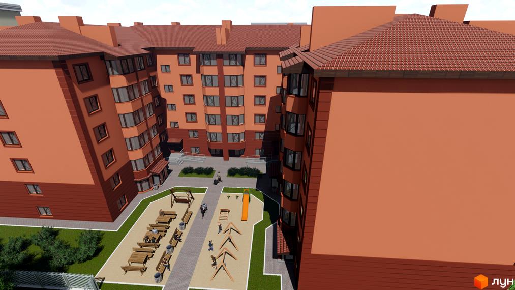 Зовнішній вигляд житлового комплексу Волошковий з цегляними фасадами та червоним черепичним дахом. На прибудинковій території розташовані дитячий майданчик та місця для відпочинку з лавками та столами.