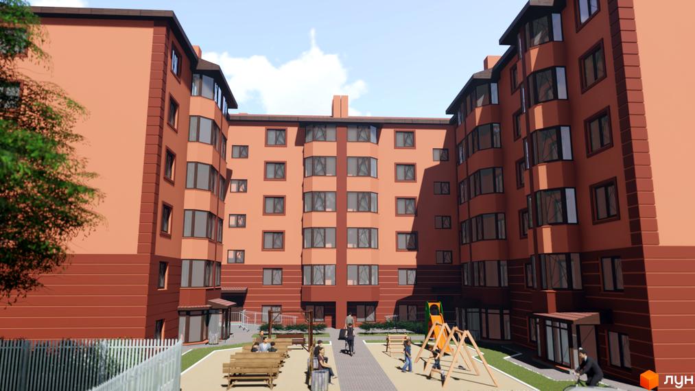 Зовнішній вигляд цегляних будинків житлового комплексу Волошковий з дитячим майданчиком та зонами відпочинку на прибудинковій території.