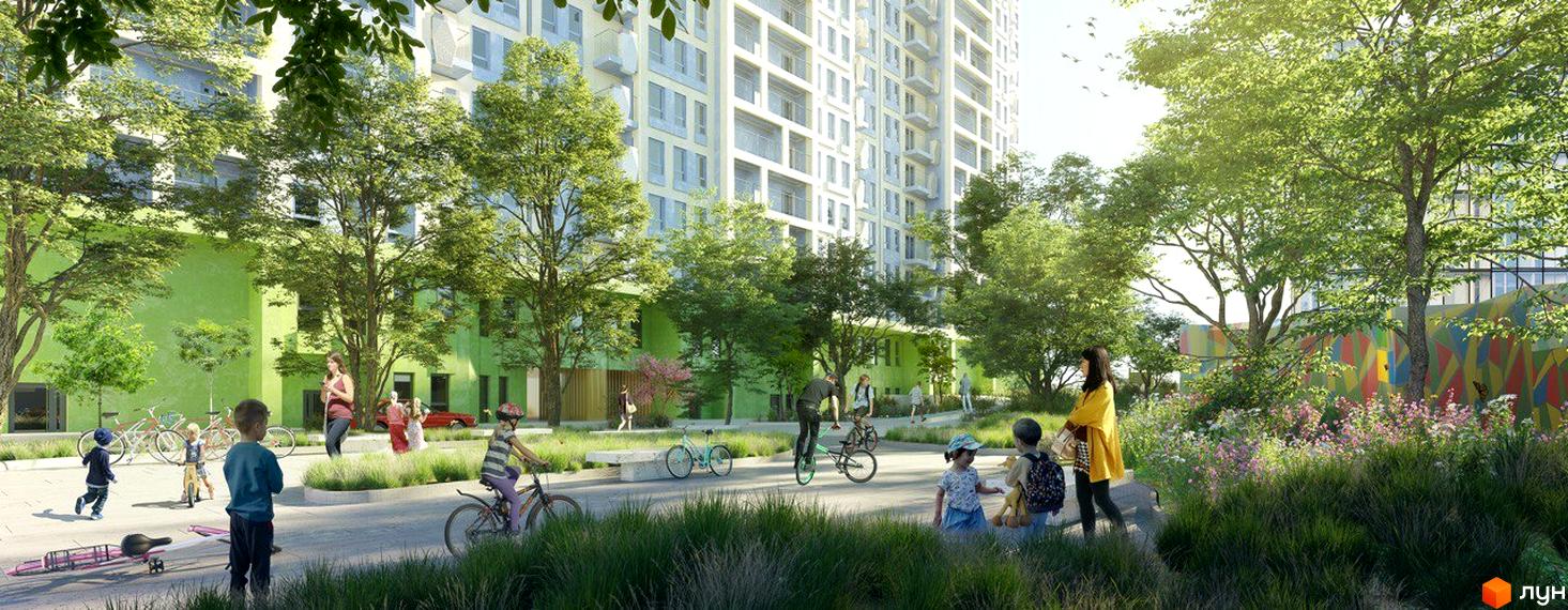 Багатоповерховий будинок Житлового комплексу Happy House світлого кольору з зеленим цоколем. Прибудинкова територія з деревами, де люди відпочивають та катаються.