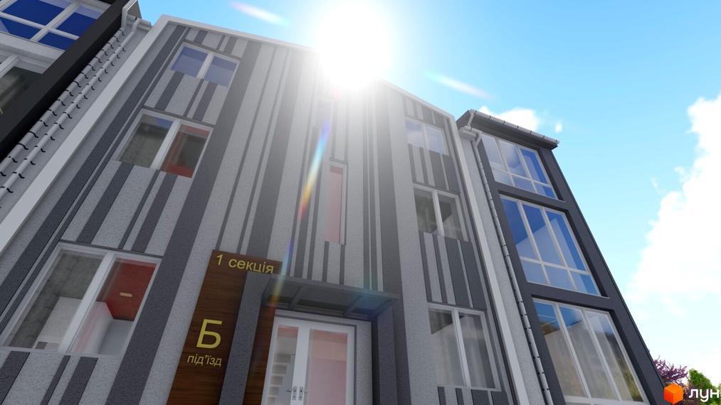 Зображення фасаду будинку в Житловому комплексі Джерельний. Вигляд новобудови з вікнами та вхідними дверима.