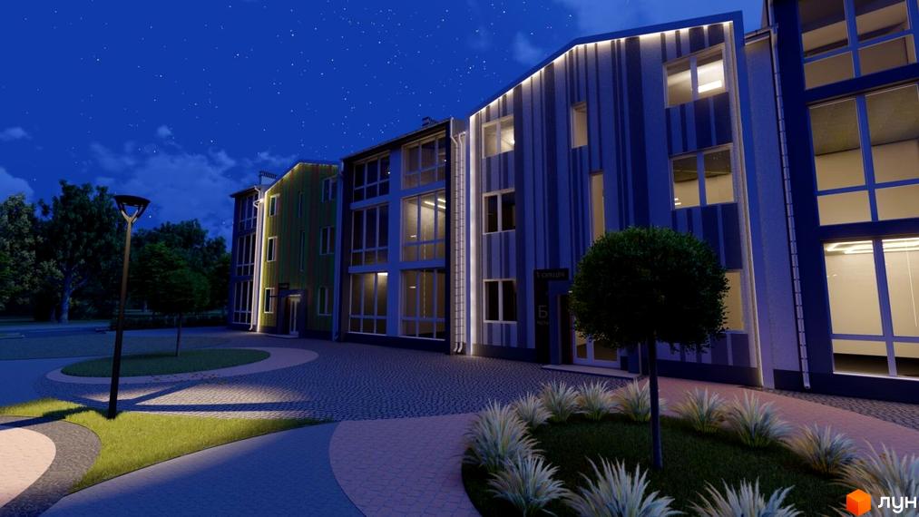 Зображення фасаду та прибудинкової території Житлового комплексу Джерельний в темну пору доби. Облаштований двір з освітленням.