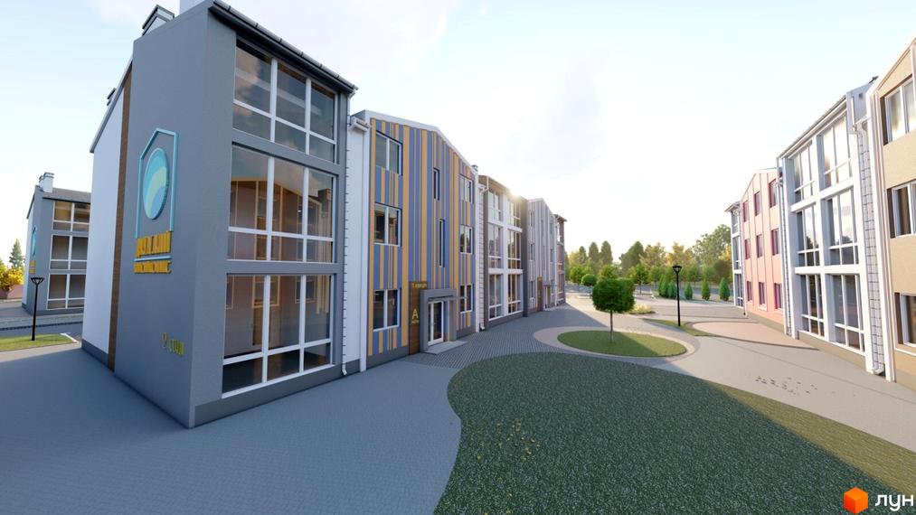 Зображення фасаду та прибудинкової території Житлового комплексу Джерельний. Вигляд новобудови ззовні та озеленення навколо.