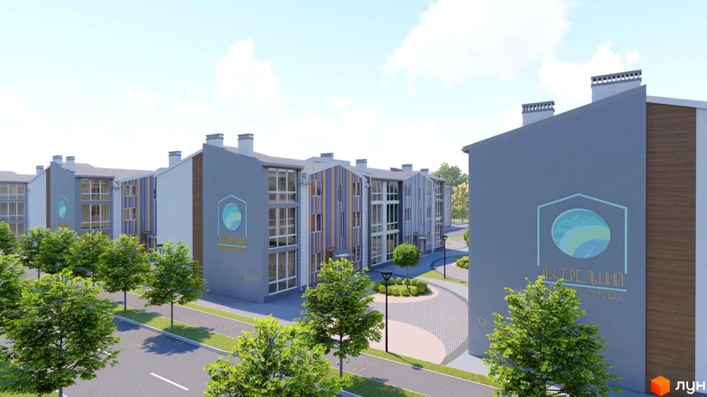 Зображення фасаду та прибудинкової території Житлового комплексу Джерельний. Навколо комплексу розташовані зелені насадження.