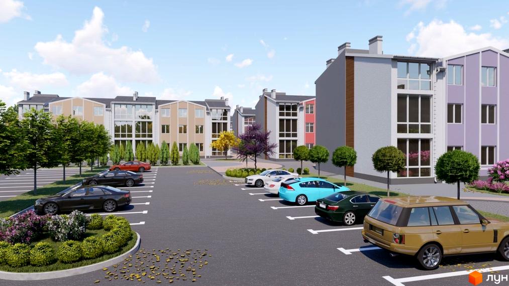 Зображення Житлового комплексу Джерельний з парковкою та зеленими насадженнями. Будинки з різним оздобленням фасаду.