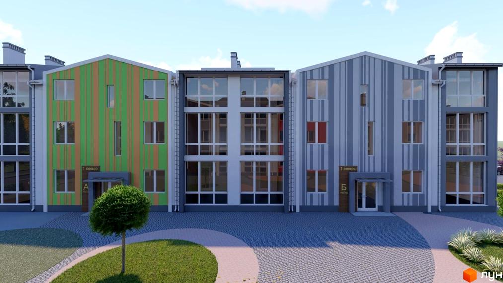 Зовнішній вигляд фасаду будинку в Житловому районі Джерельний. На передньому плані прибудинкова територія з газоном та деревами.