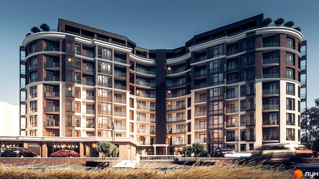 Зображення фасаду Житлового комплексу Residents Park з великими вікнами та балконами. На передньому плані газон та проїжджа частина.