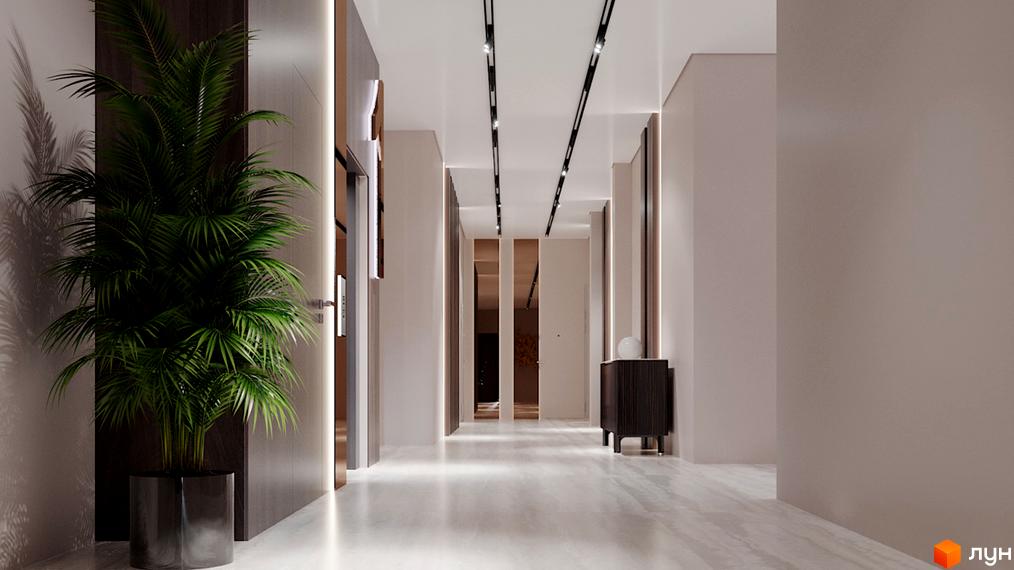 Інтер'єр коридору в Житловому комплексі Residents Park з кімнатною рослиною та шафою. Світлий інтер'єр з підсвіткою.