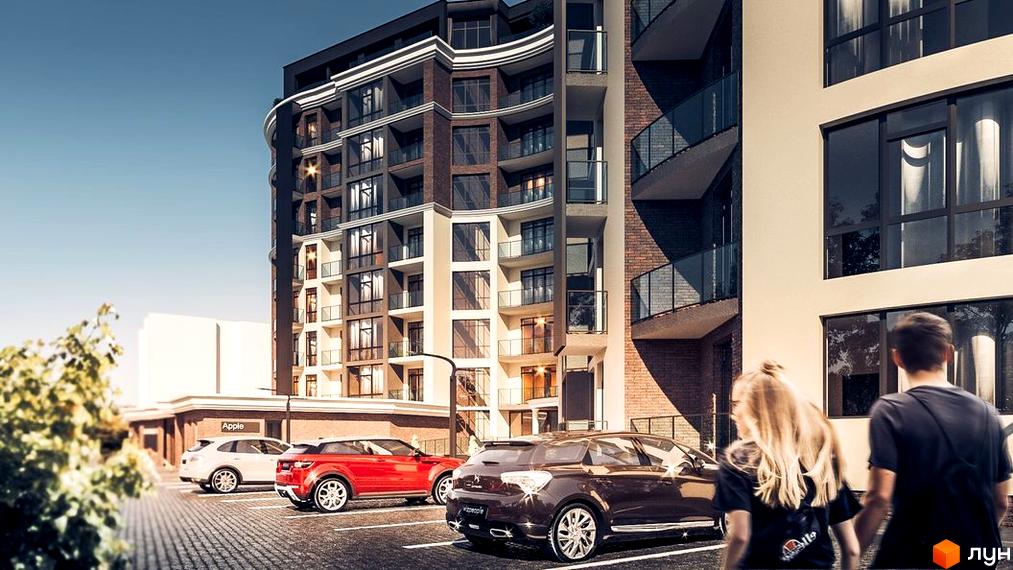 Зовнішній вигляд будинку в Житловому комплексі Residents Park. На передньому плані припарковані автомобілі.