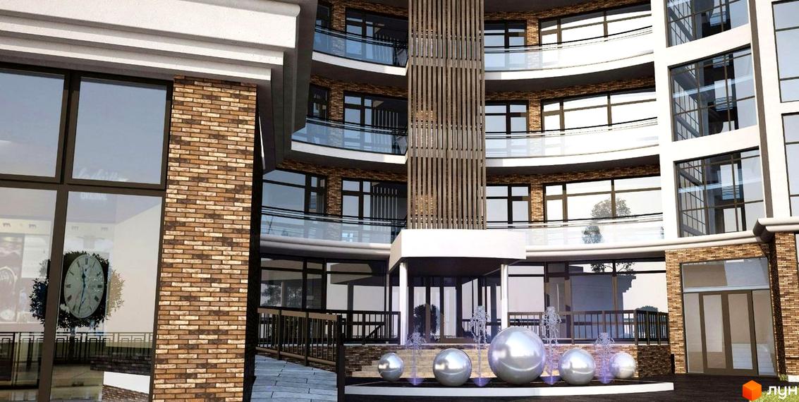 Зображення фасаду та прибудинкової території Житлового комплексу Residents Park. Багатоповерхова будівля з великими вікнами та сферичними фонтанами.