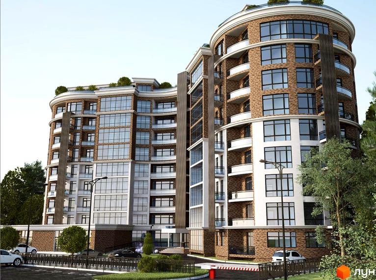 Зображення фасаду Житлового комплексу Residents Park з великими вікнами та балконами. Навколо будинку зелена територія з деревами.