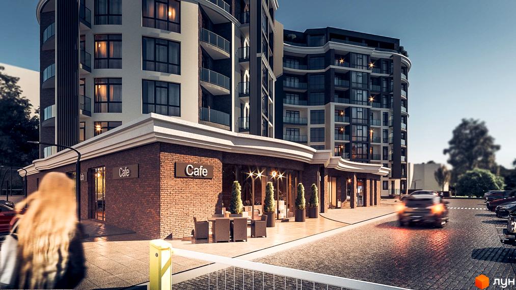 Зображення фасаду та прибудинкової території Житлового комплексу Residents Park. На передньому плані кафе та парковка.